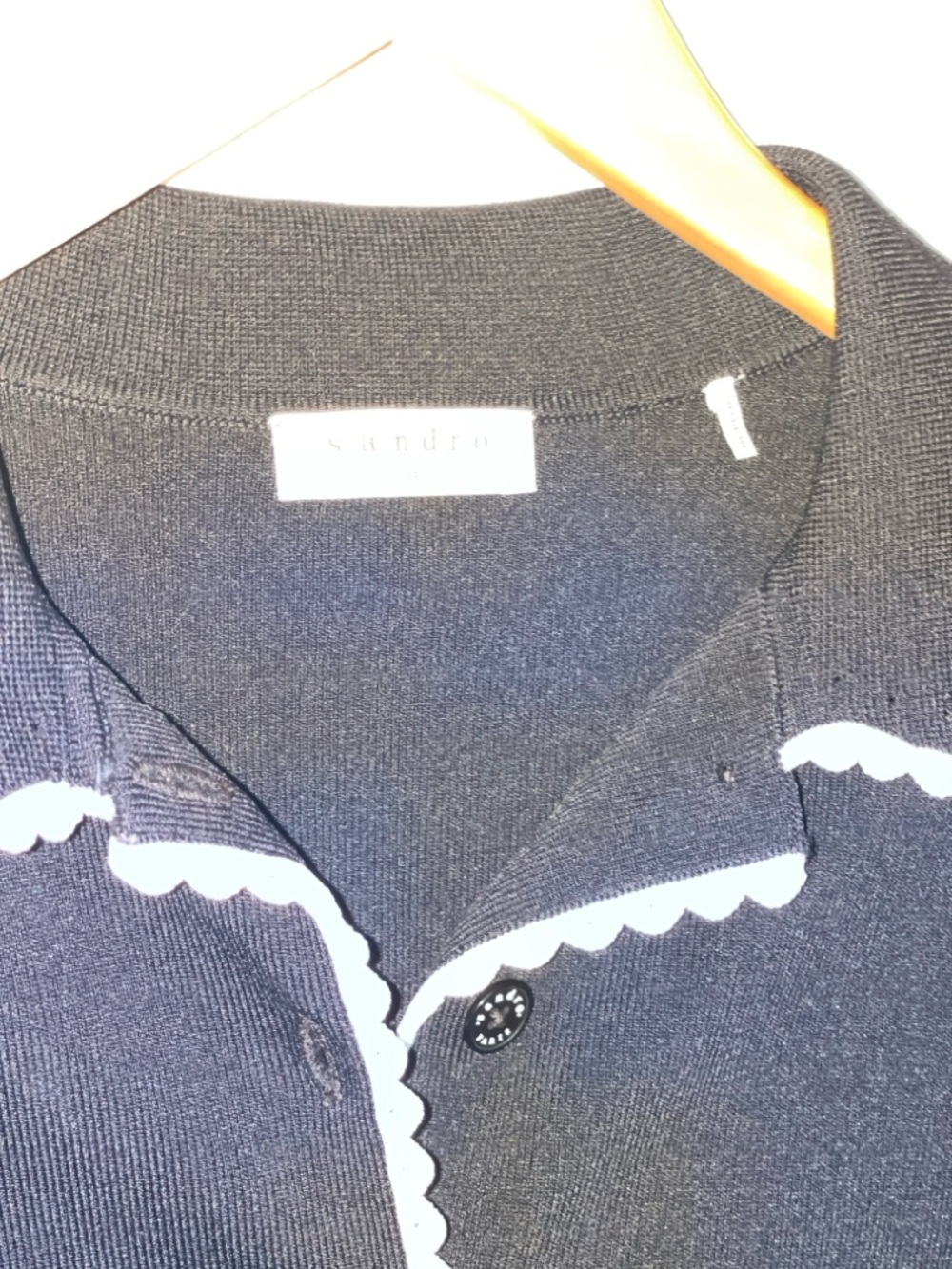 SANDRO LEANNA CROPPED SCALLOPED-TRIM Black Cropped Cardigan White Trim SZ 1 - Picture 4 of 11